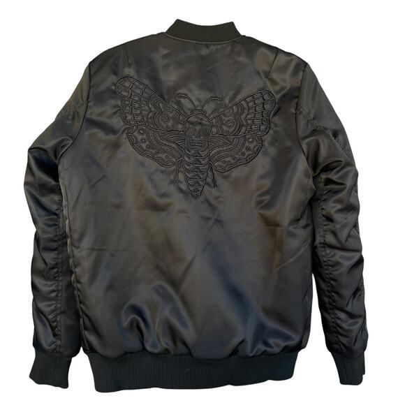 Bad Monday Bomber Jacket Mens Small Black Quilted Skull Moth Embroidered Zip - Picture 2 of 11